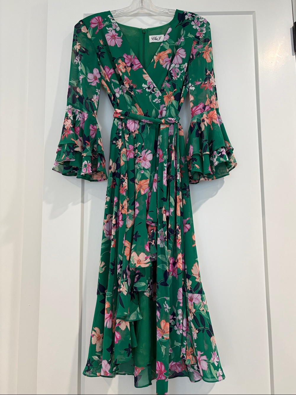 Eliza J Green Floral Midi Wrap Dress with Ruffled Bell Sleeves and Bottom